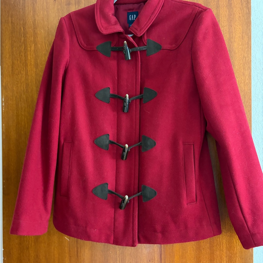 GAP Women's Deep Red Toggle Pea Coat with Black Accents - Picture 3 of 6